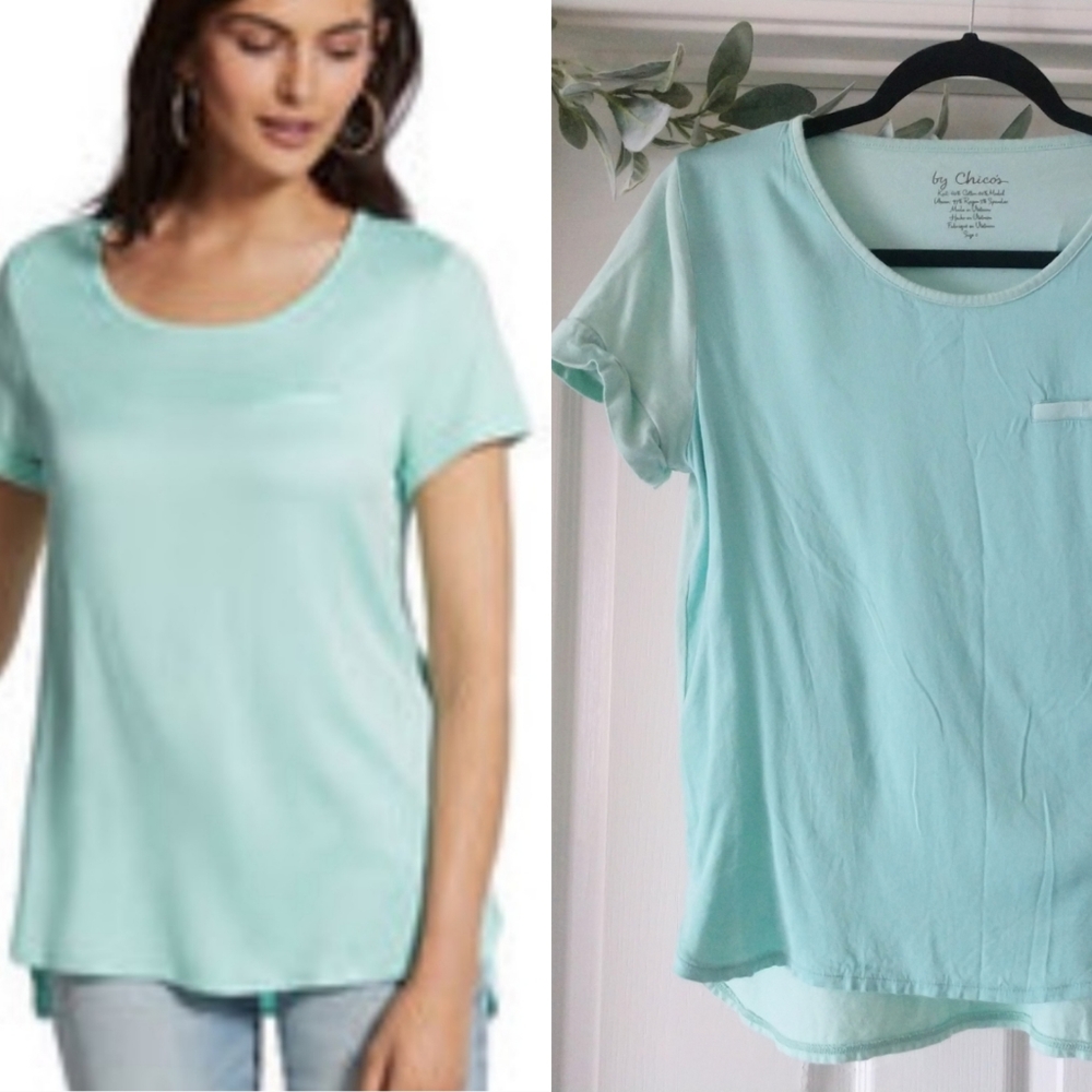 Chico's T-shirt Light Blue Modal Rayon 0 Small Tee Blouse Scoop Round Neck